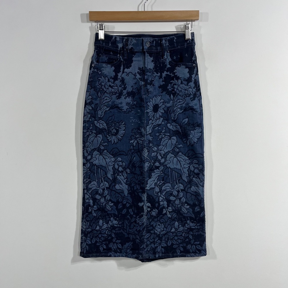Mother The Swooner Straight Western Denim Midi Skirt Floral Size 25 Country Boho